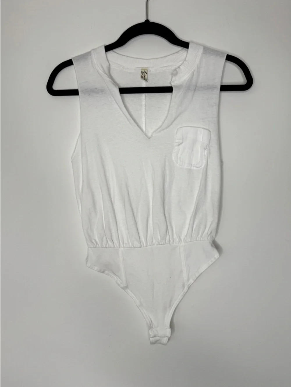 Free People White Sleeveless V-Neck Bodysuit with Chest Pocket